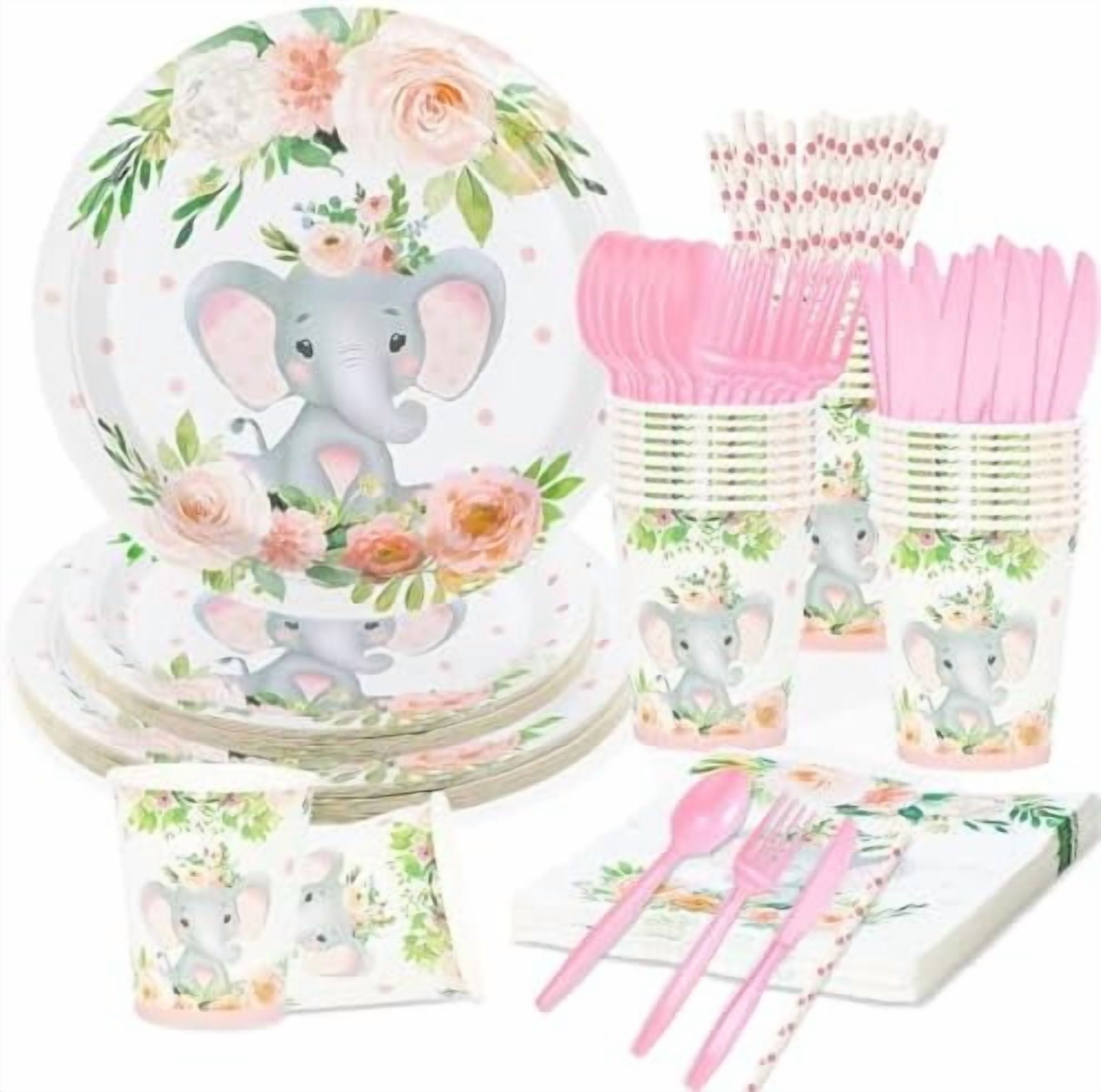 192 Pcs Elephant Baby Shower Plates and Cups and Napkins Sets Serve 24 Guests Pink Elephant Baby Shower Decorations Gender Reveal Themes Party Supplies Decor Birthday Paper Tableware Girl