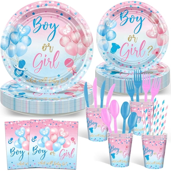 192 Pcs Gender Reveal Party Decorations Boy or Girl Plates Napkins Cups Blue and Pink Gender Reveal Party Tableware Set Serve 24