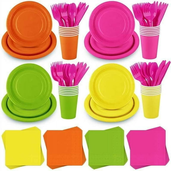 192 Pcs Neon Party Supplies Paper Plates Cups Napkins Hard Plastic Cutlery Forks Knives Spoons Disposable Glow Party Tableware for Fiesta Neon Birthday Party Favor Decorations Serves 24 Guests