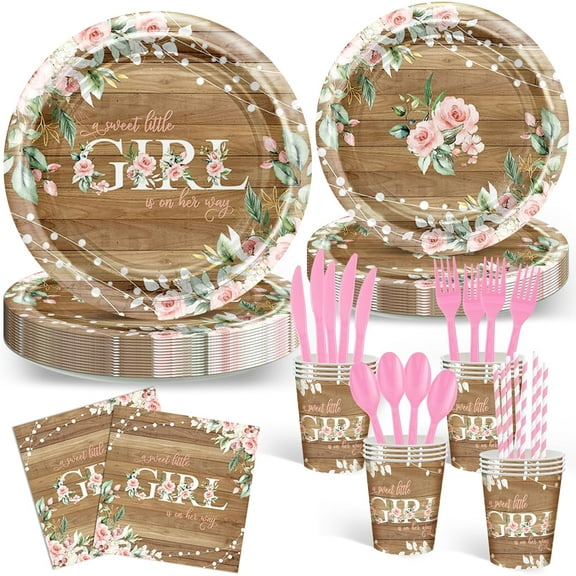 192 Pcs Rustic Girl Baby Shower Party Decorations A Sweet Little Girl is on Her Way Baby Shower Party Tableware Set Disposable Floral Plates Napkins Cups for 24 Guests