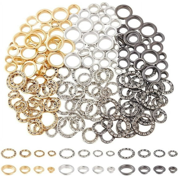 192 Sets Micro Pave Rhinestone Metal Eyelets 6mm 9mm 14mm Brass Grommet Eyelet Fittings Grommets Kit for DIY Shoes Clothes Bag Leathers Belt Crafts 3 Colors