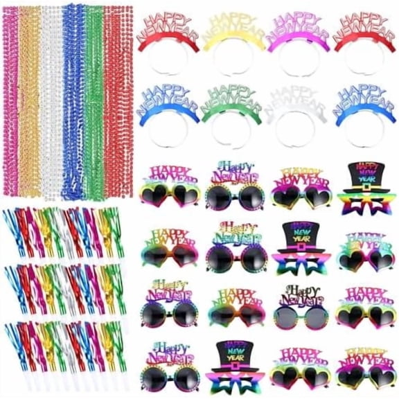 192 pCS cOLORFUL nEW yEARS eVE pARTY sUPPLIES iNCLUDE 48 nEW yEAR hEADBAND 48 hAPPY nEWyEAR gLASSES 48 nOISE mAKERS 48 bEAD nECKLACE FOR aDULTS 2026 nEWyEAR dAY xMAS pARTY fAVORS dECOR