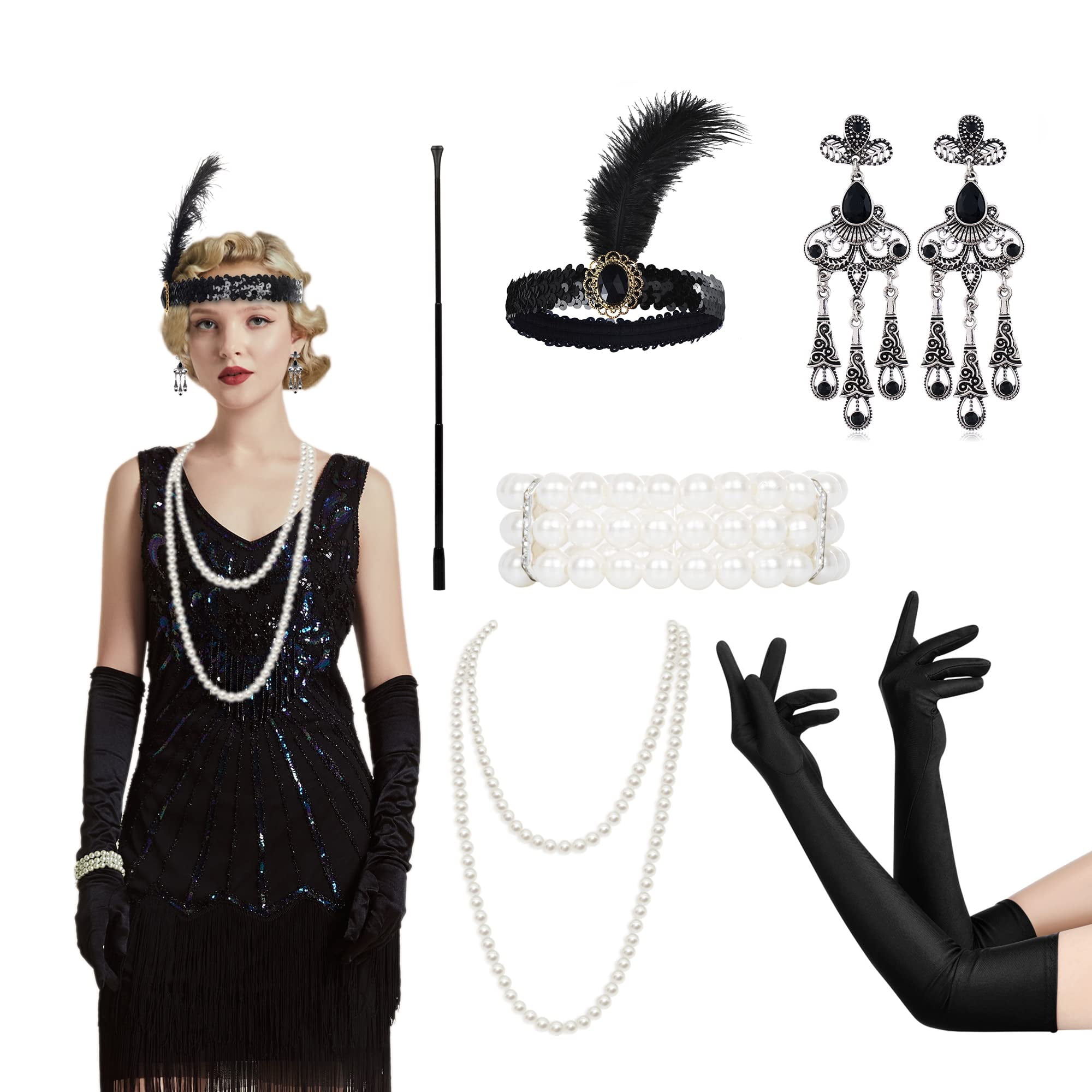 1920s Accessoires de Déguisement pour Femme, 6 Pièces Accessoires Annees 20  pour Gatsby Flapper Accessoires Gants en Satin Ba