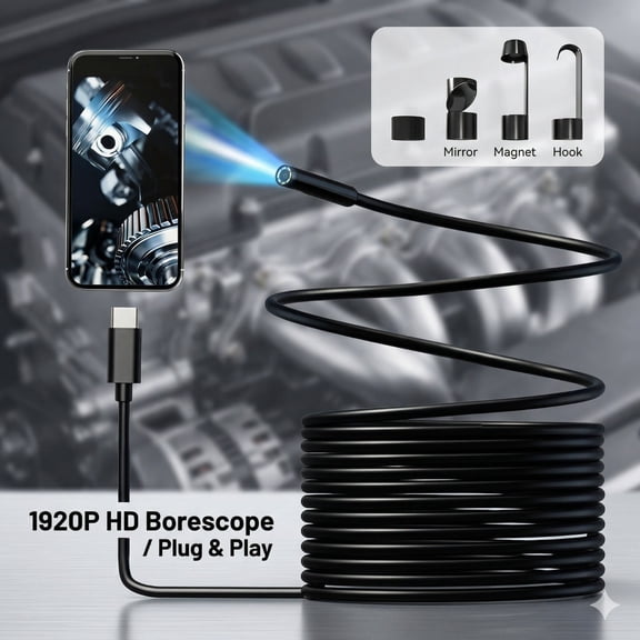1920P HD Dual-Lens Borescope Camera, 16.4Ft Semi-Rigid Snake Endoscope with 8 LED Lights, IP67 Waterproof Sewer Camera for iPhone Android, Pipe Drain Plumbing Car Engine HVAC Inspection