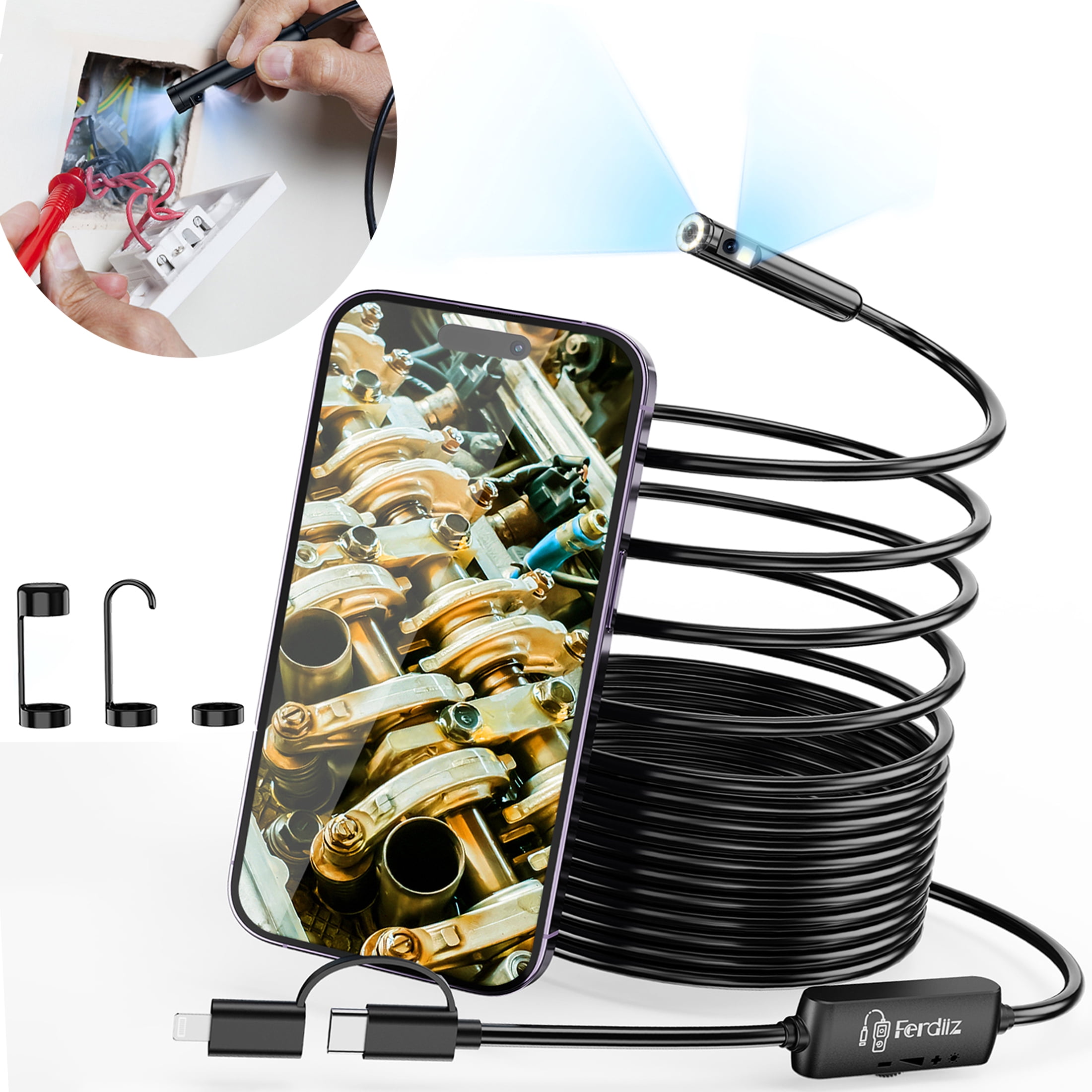 1920P HD Dual Lens Industrial Endoscope IP67 with 8+1 Adjustable LED Lights (16.5 FT/5M)