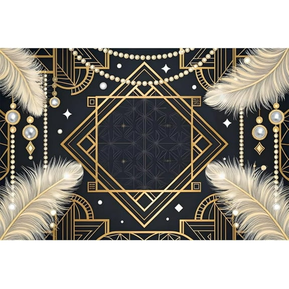 1920S Roaring Great Backdrop Feather Pearl Deco Luxury Black Gold Photography Background Birthday Wedding Dance Prom Masquerade Mardi Gras Carnival Party Banner Photo Booth