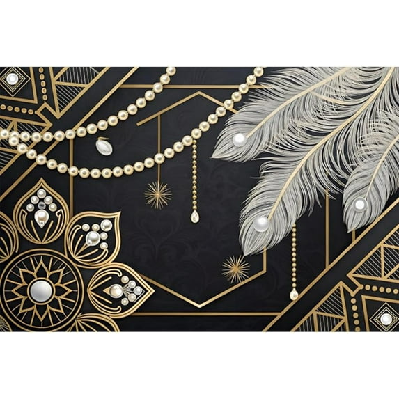 1920S Roaring Great Backdrop Feather Pearl Deco Luxury Black Gold Photography Background Birthday Wedding Dance Prom Masquerade Mardi Gras Carnival Party Banner Photo Booth