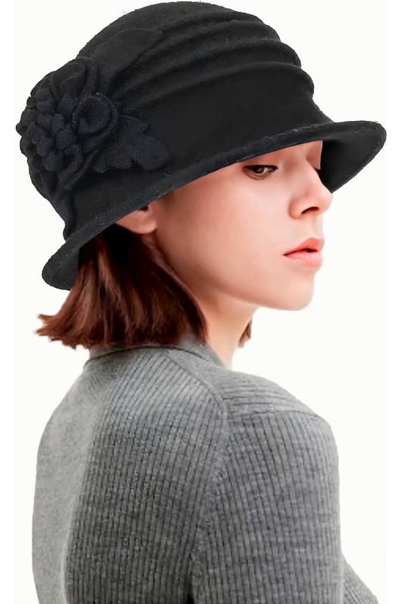 Women's Vintage Cloche Hat - 1920s Inspired Wool Bucket Hat, Crushable Winter Hat for Derby。Black