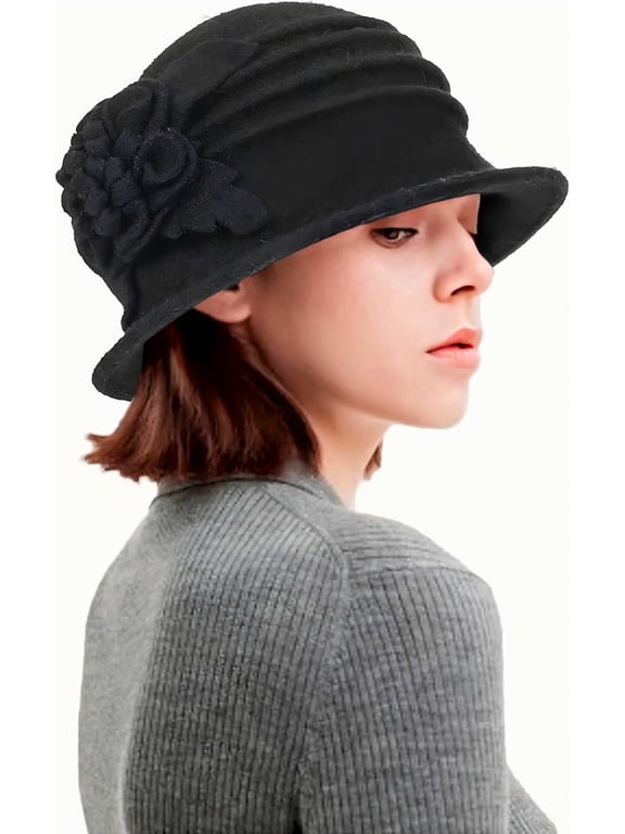 Women's Vintage Cloche Hat - 1920s Inspired Wool Bucket Hat, Crushable Winter Hat for Derby。Black