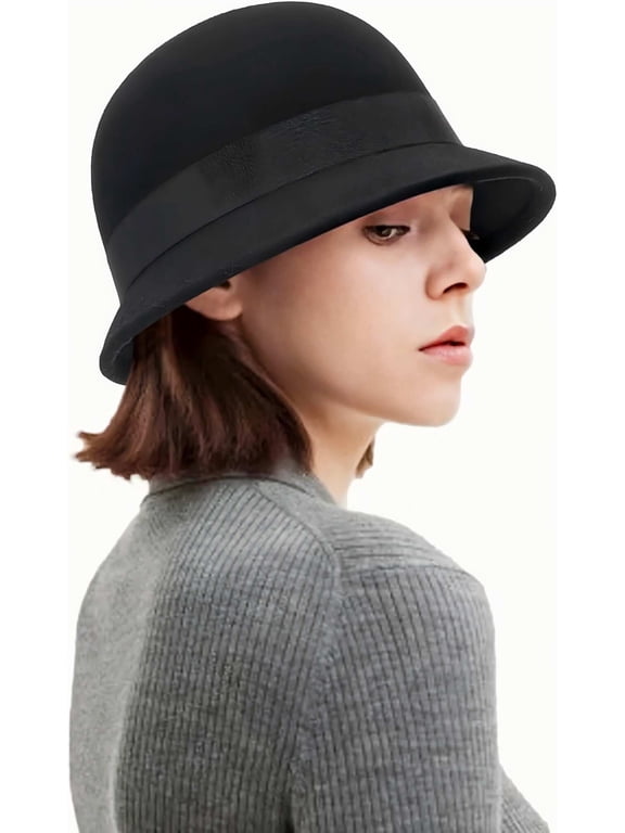 Women's Vintage Cloche Hat - 1920s Inspired Wool Bucket Hat, Crushable Winter Hat for Derby。Black and Band