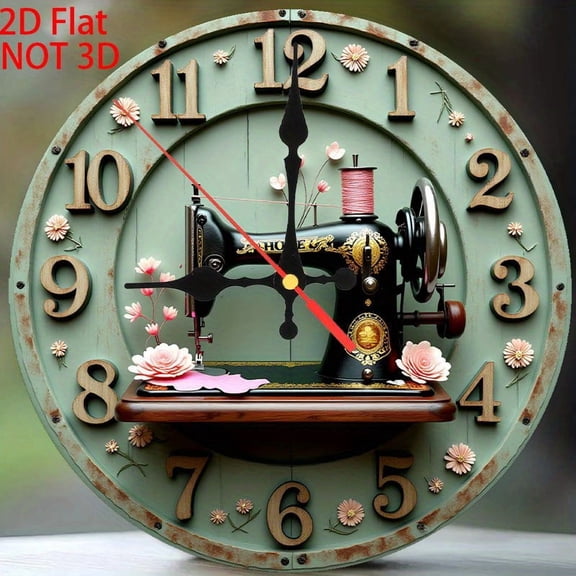 1920S Vintage Sewing Machine Wall Clock, Pink Floral Print, Silent Quartz Movement, Faux Wood Round Clock, Decor for Home, Cafe and Sewing Room, 2D Flat, AA Batteries Not Included