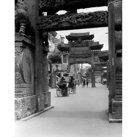 1920s-1930s Rickshaw On Street In Canton China Under Ornate Carved Arches Ancient Pai-Lous Chinese Architecture Print By