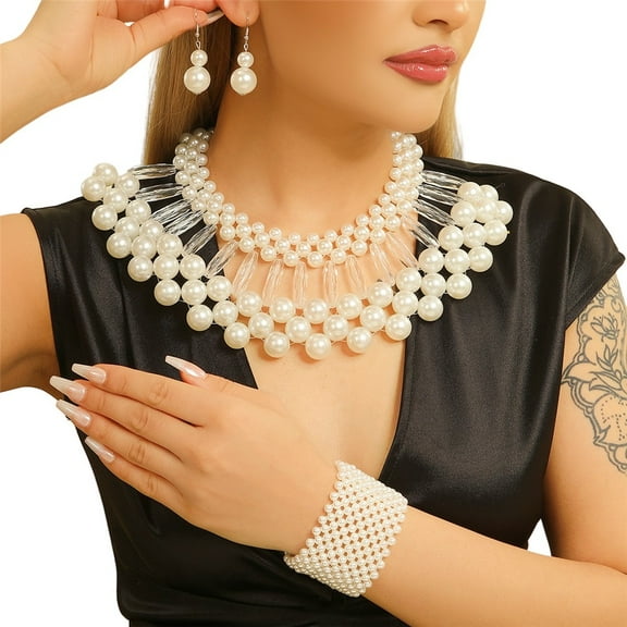 1920s ABS Pearl Necklace for Women Costume Jewelry Set Faux Pearl Necklace Bracelet Earring for Party Wedding Gift