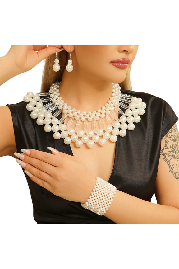 1920s ABS Pearl Necklace for Women Costume Jewelry Set Faux Pearl Necklace Bracelet Earring for Party Wedding Gift