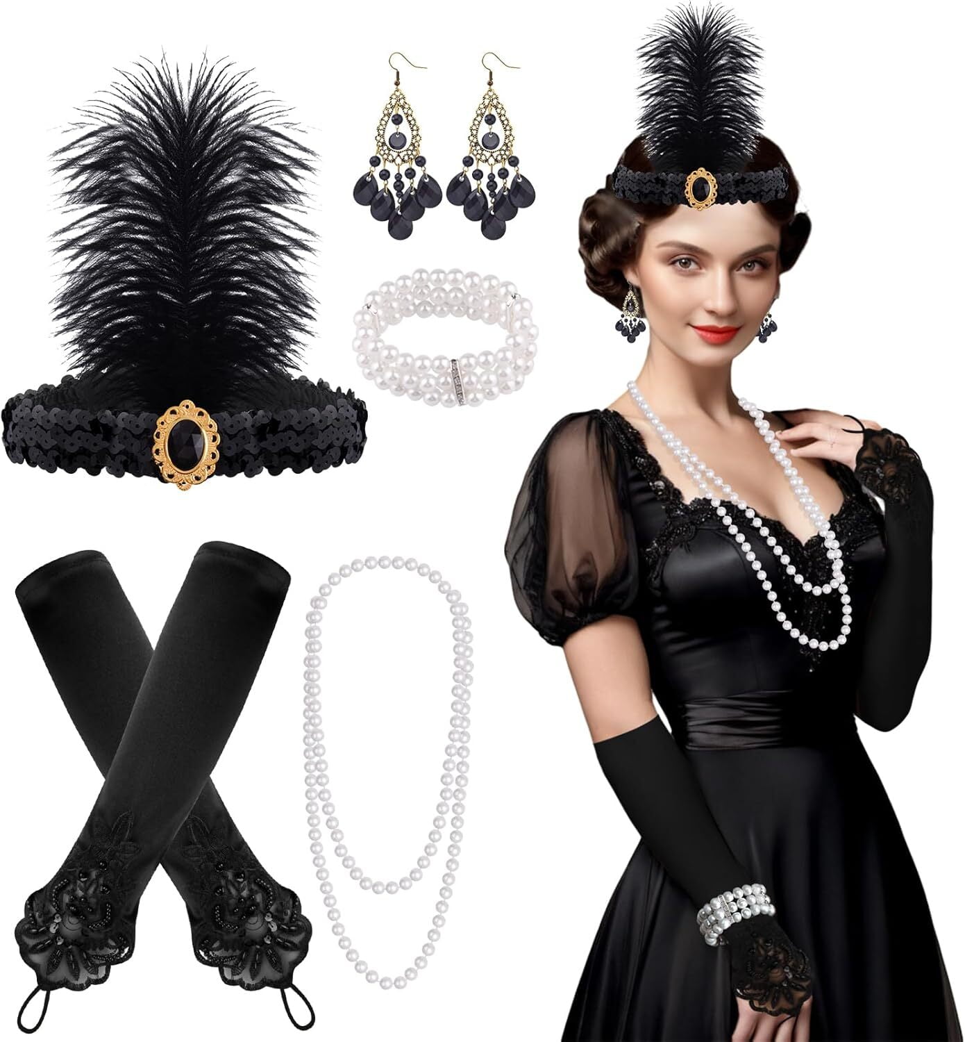 1920s Flapper Accessories Set Costume Headband Necklace Gloves Pearl Amazon.com: BABEYOND 5 Pieces 1920s Flapper Great Gatsby  main image 4
