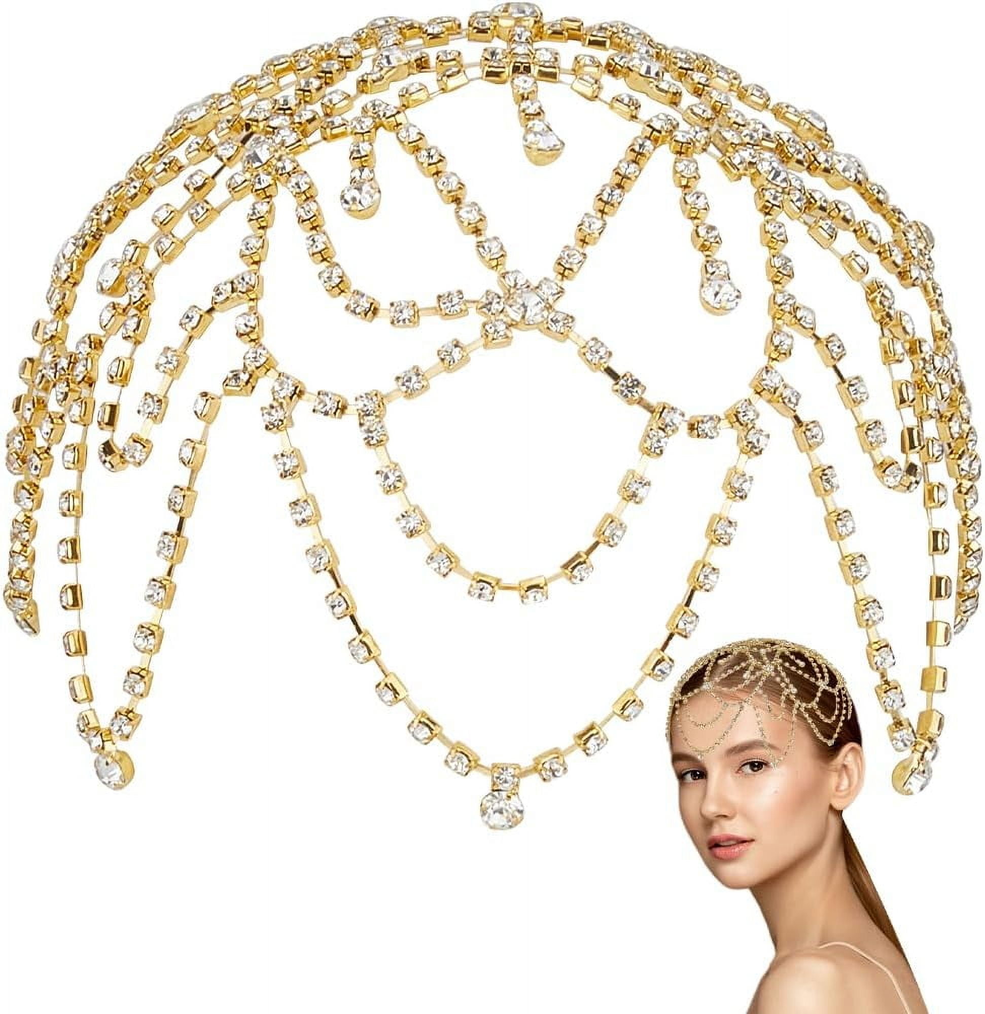 WQP-GECRAFT 1920s Crystal Cap Headpiece Flower Rhinestone Head Chain Golden Roaring 20s Great Gatsby Hair Accories Hair Chain Hat For Bridal Cosplay Halloween Art Dr Party With 2pcs Hair Clip P 79026872