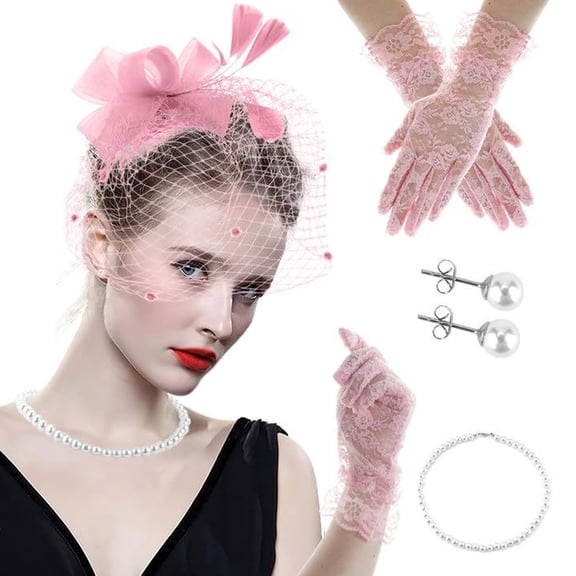 1920s Fascinator Headpiece Set for Party Wedding with Gloves Necklace Feathered Lace Flapper Headwear for Theme Party