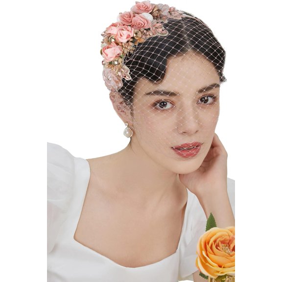 1920s Fascinator Mesh Flower Pearl Veil Headband Bridal Wedding Tea Party Fascinator Veil for Women