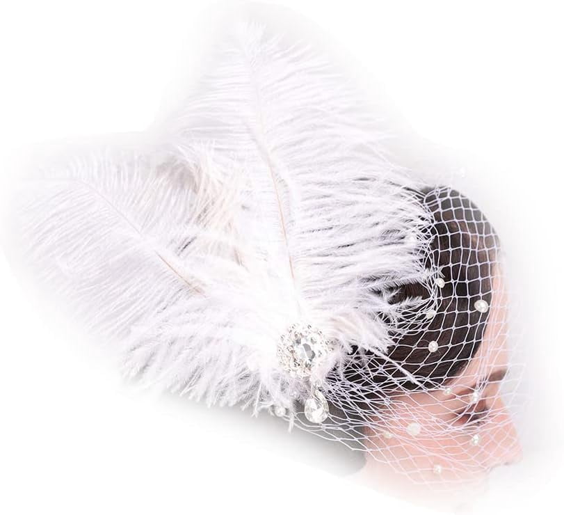 1920s Feather Hair Clip with White Birdcage Veil Faux Pearl  display picture 3