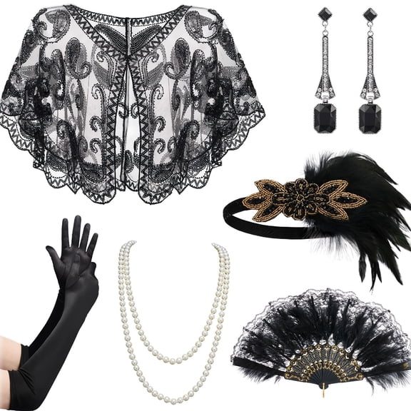 1920s Flapper Costume Accessories Set for Women Great Gatsby Vintage Shawl Feather Poncho Fan Outfits