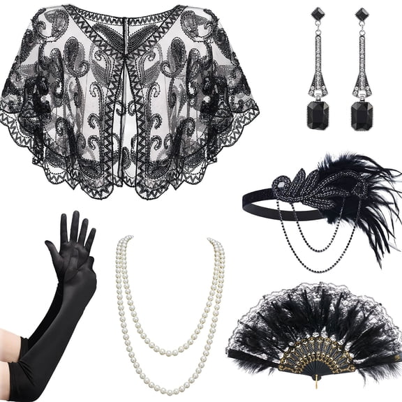 1920s Flapper Costume Accessories Set for Women Vintage Shawl Feather Poncho Fan Outfits