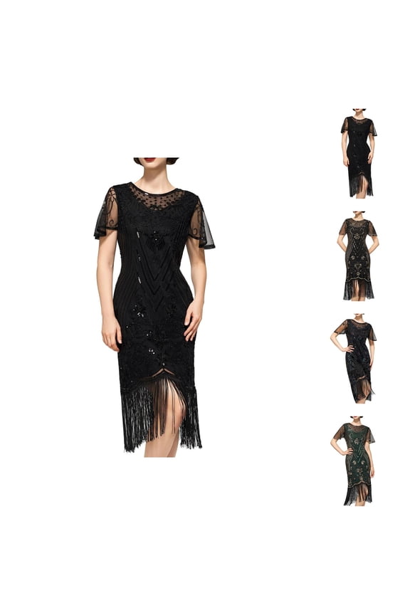1920s Flapper Dresses for Women Short Sleeve Crewneck Tassel Hem Bodycon Knee Length Dress Datsby Dresses Dress
