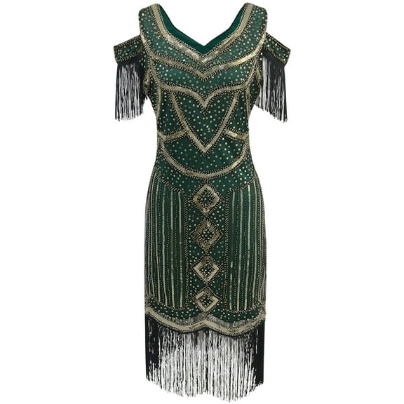 1920s Flapper Dresses for Women Trendy Gatsby Roaring 20s Sequin Fringed V Neck Cold Shoulder Dress Evening Formal Party Prom Gowns