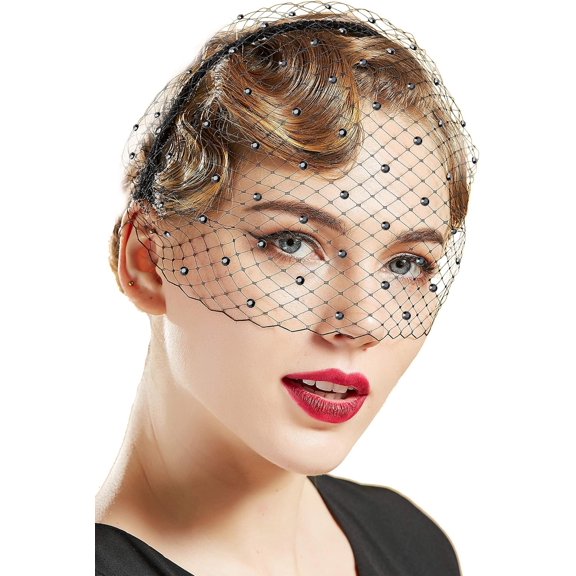 1920s Flapper Fascinator Mesh Veil Headband Bridal Wedding Party Fascinator Veil with Rhinestone for Women