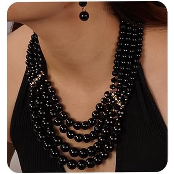 1920s Flapper Faux Pearl Strand Necklace and Earrings Set Boho Vintage Layered Long Chunky Crystal Stacked Choker for Women