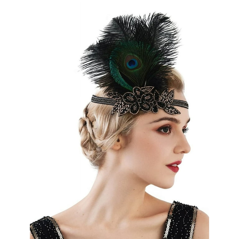 1920s Flapper Feather Headband, 20s Sequined Showgirl  display picture 1