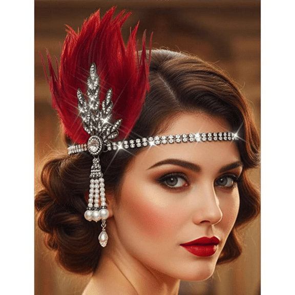1920s Flapper Feather Headband Leaf Rhinestones Headpiece Pearl Roaring 20s Headdress Hair Accessories for Women