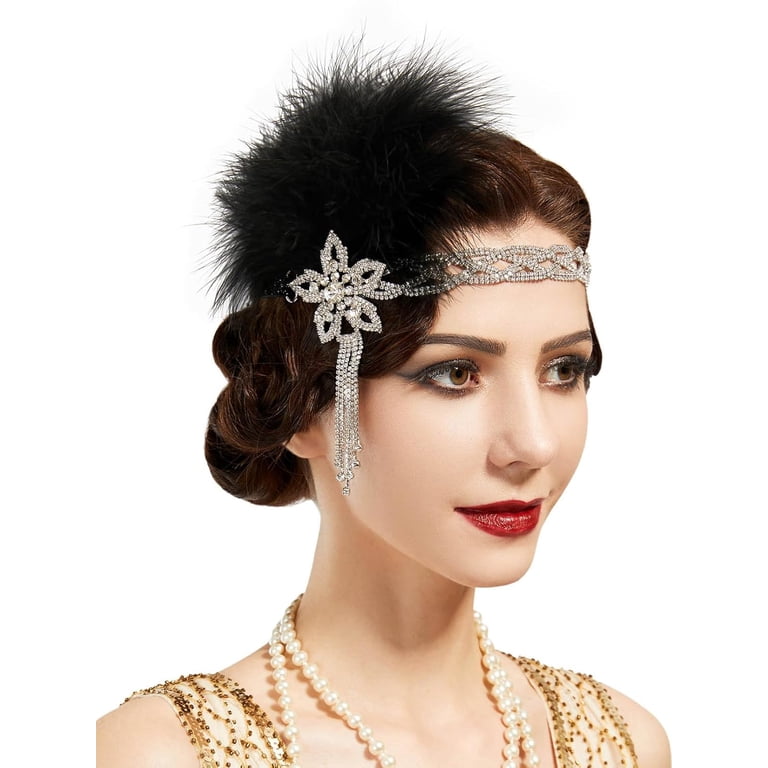 1920s Flapper Headband Rhinestone Pearl Feather Gatsby Party Accessory Amazon.com: SWEETV 1920s Headpiece Flapper Headband  main image 2