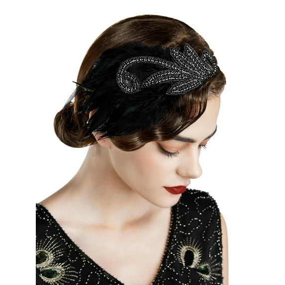 1920s Flapper Headband Vintage Roaring 20s Great Gatsby Feather Headpiece Hair Accessories for Women(Green)