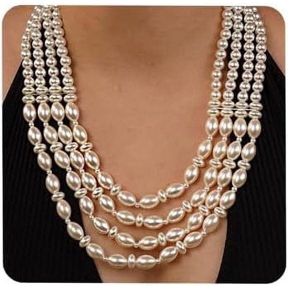 1920s Flapper Multi-Strand Faux Pearls Choker Necklace Beads Cluster Long Chunky Chain for Women(Style 4)