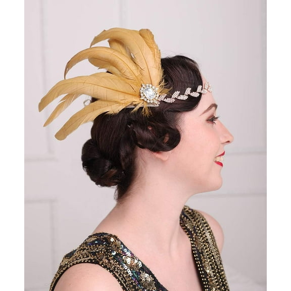 1920s Flapper Peacock Feather Headband Crystal Leaf Head Chain Headpiece Prom Party Hair Accessories for Women