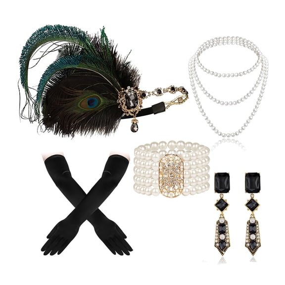 1920s Flapper Set Feather Headpiece Roaring 20s Gatsby Hair Accessories for Women (Peacock Black)