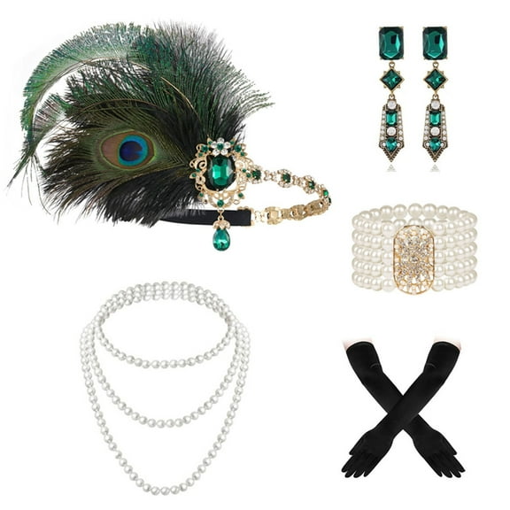 1920s Flapper Set Feather Headpiece Roaring 20s Gatsby Hair Accessories for Women (Peacock Green)