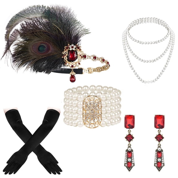1920s Flapper Set Feather Headpiece Roaring 20s Hair Accessories for Women (Peacock Red)