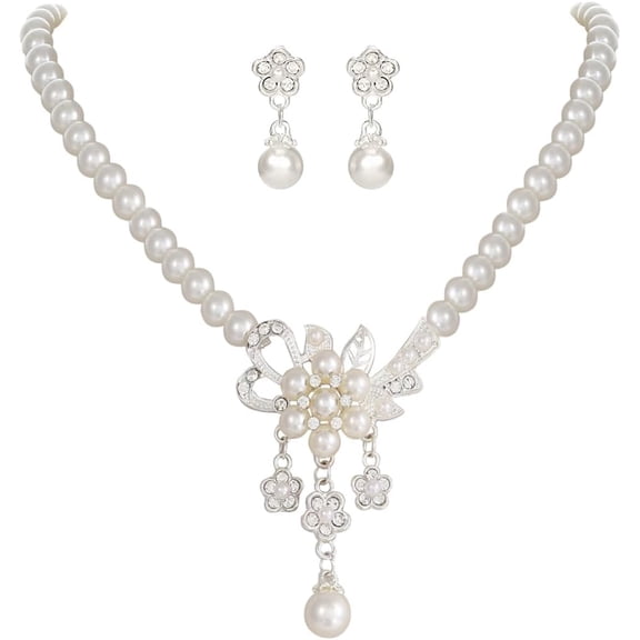 1920s Gatsby Pearl Jewelry Set Silver Bridal Wedding Rhinestone Necklace Earrings Set Crystal Bridesmaids Jewelry Accessories for Women and Brides