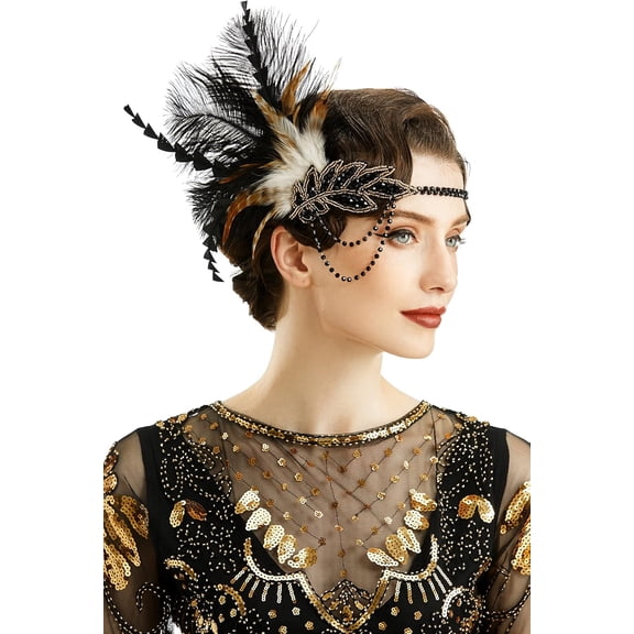 1920s Headpiece Flapper Headband - Roaring 20's Sequined Showgirl Hair Band with Feather
