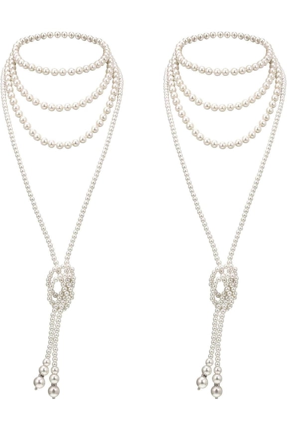 1920s Imitation Faux Long Pearl Strand Y Necklace 6mm Layered Knot Retro Costume Jewelry Flapper Party Wedding Accessories Mother's Day Gift