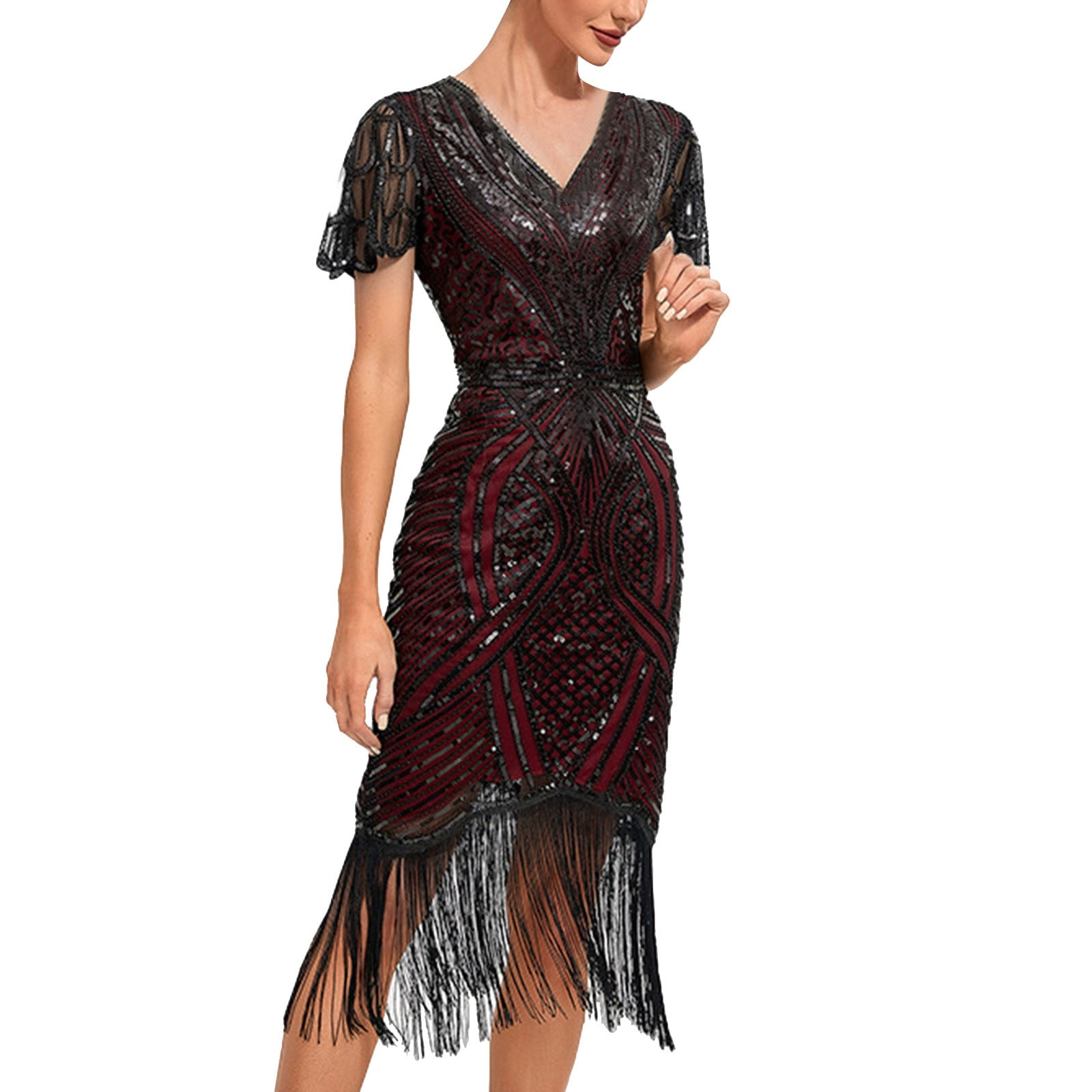 1920s Knee Length Flapper Party Dress Tassels Hem Sequined Cocktail ...
