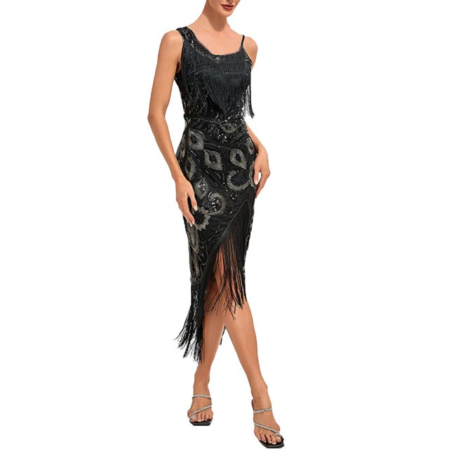 1920s Knee Length Flapper Party Dress Tassels Hem Sequined Dresses With 20s Accessories Set