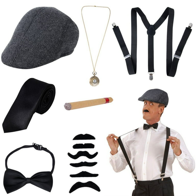 1920s Men Gatsby Costume Accessories, Fancy Dress Accessories Set with  Fedora Hat/Y-Back Elastic Suspender/Necktie/Bow Tie/Pocket Watch for Prom,  Party 