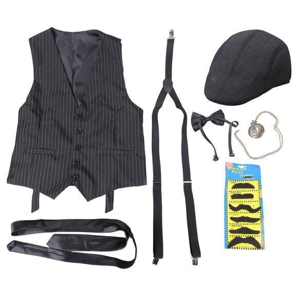 1920s Mens Costume Roaring 20s Outfit Accessories 1920s Men Mafia Costume 20s Gangsters Vest Hat Pocket Watch Suspenders