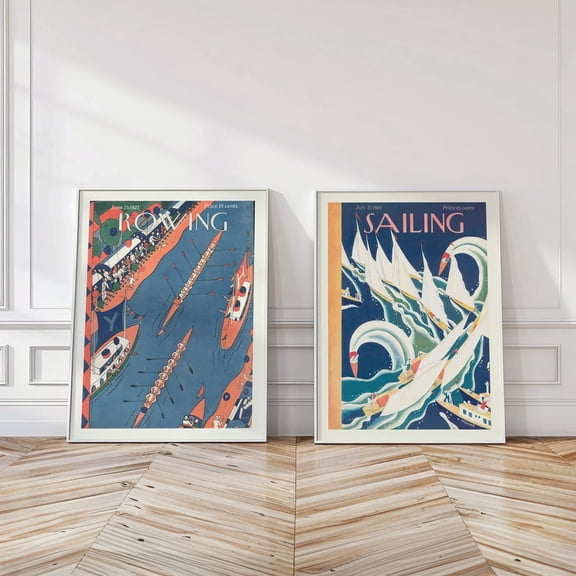 1920s Nautical Rowing Sailing Mid-Century Sports Art Print Set 2 Stretched Canvas 16x24