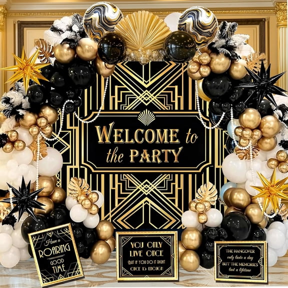 1920s Party Decorations, Roaring 20s Party Decorations, Great 20s Backdrop, Balloons Garland, Retro Jazz Party Roaring Twenties Signs for Speakeasy Decorations,1920 themed party