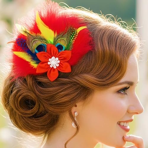 1920s Peacock Hair Clip with Red Satin Flower & Rhinestone, Flapper Headpiece for Parties, Proms