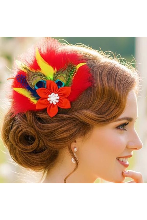 1920s  Peacock  Hair Clip with Red Satin Flower & Rhinestone, Flapper Headpiece for Parties, Proms