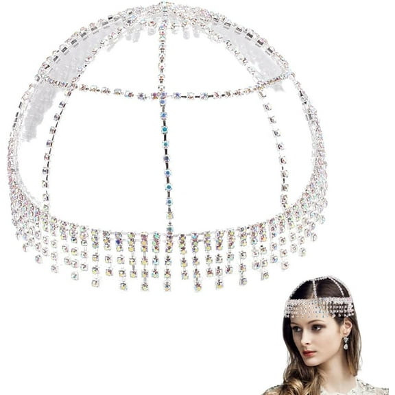 1920s Rhinestone Headpiece Head Chain for Women Wedding Bride Vintage 1920S Party Flapper Caps Headband AB Color Tassel Mesh Jewelry Gatsby Hair Accessories for Girls